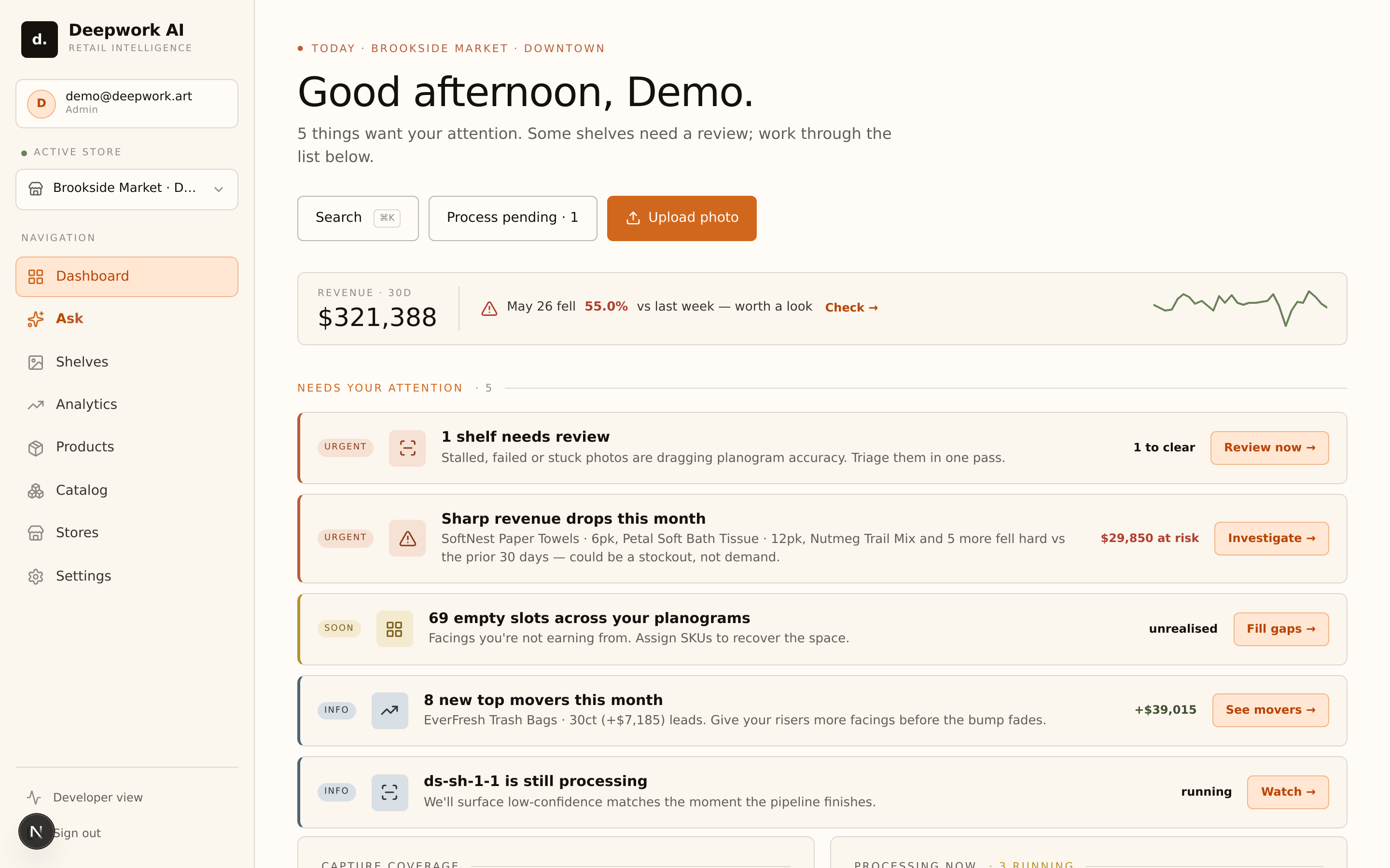 The morning dashboard — exceptions ranked by revenue at risk.