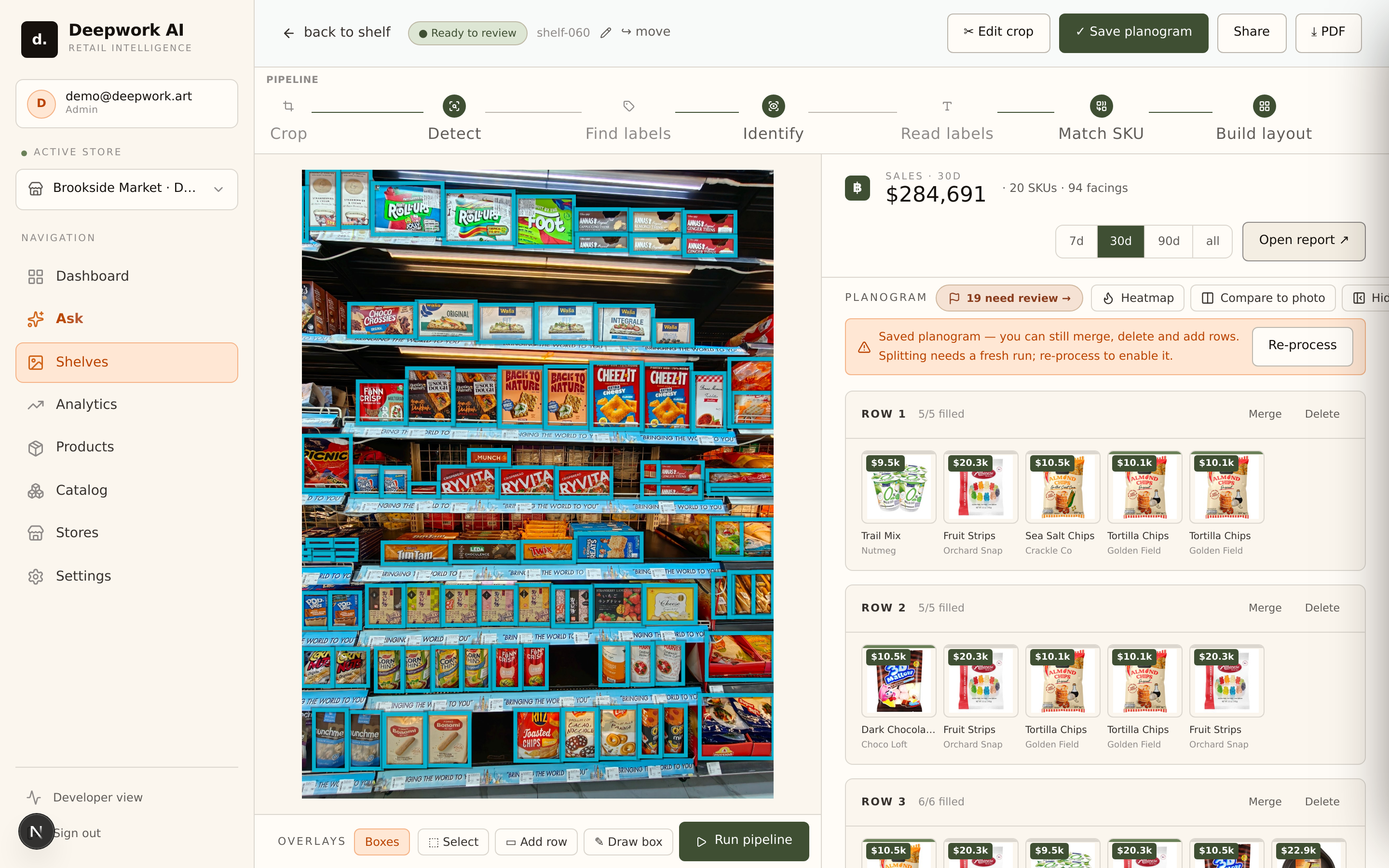 A shelf photo read into a structured realogram — every facing detected, priced, and counted.