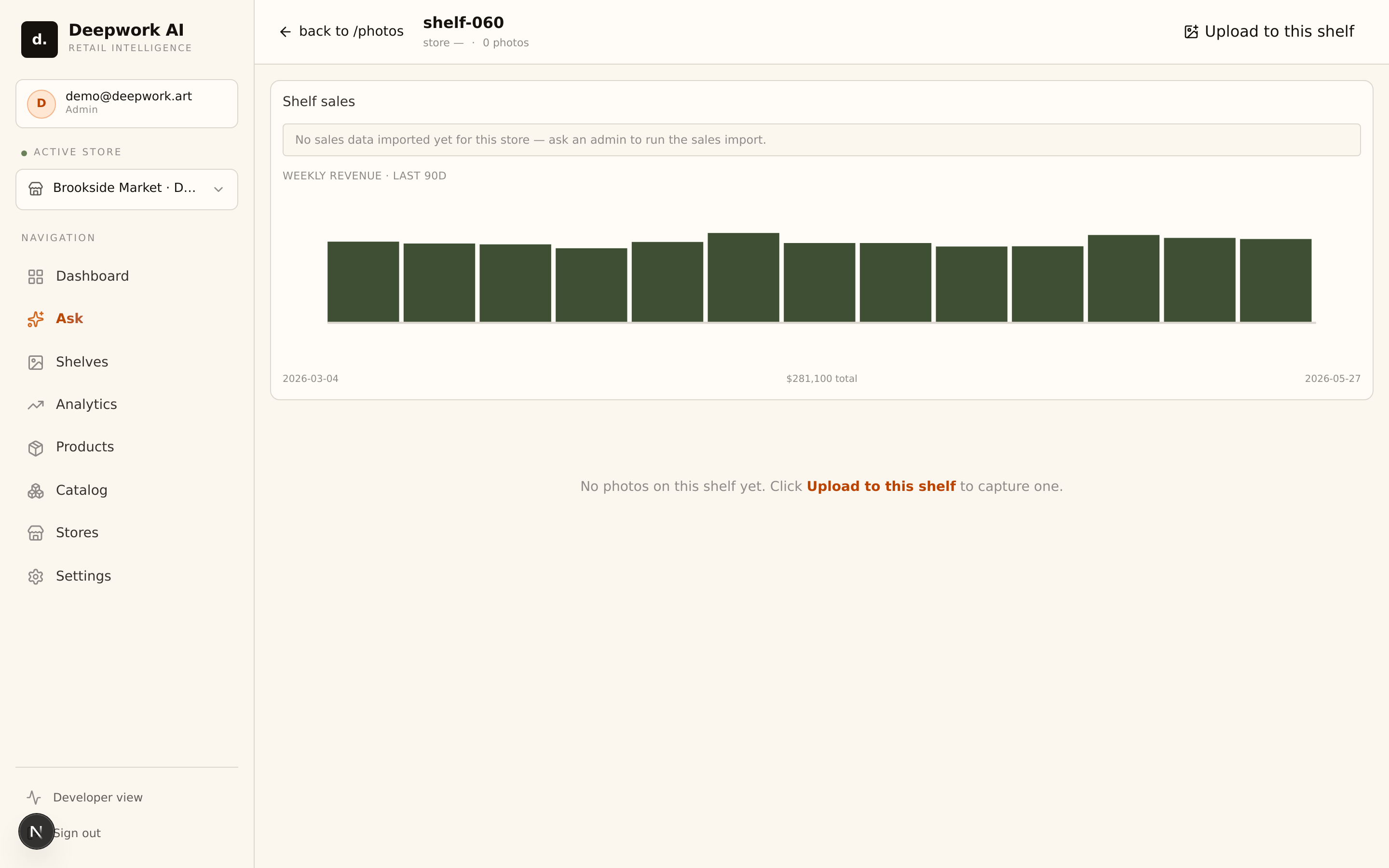 Per-shelf revenue, facings, catalog gaps, and dead stock — with every captured photo on a timeline.