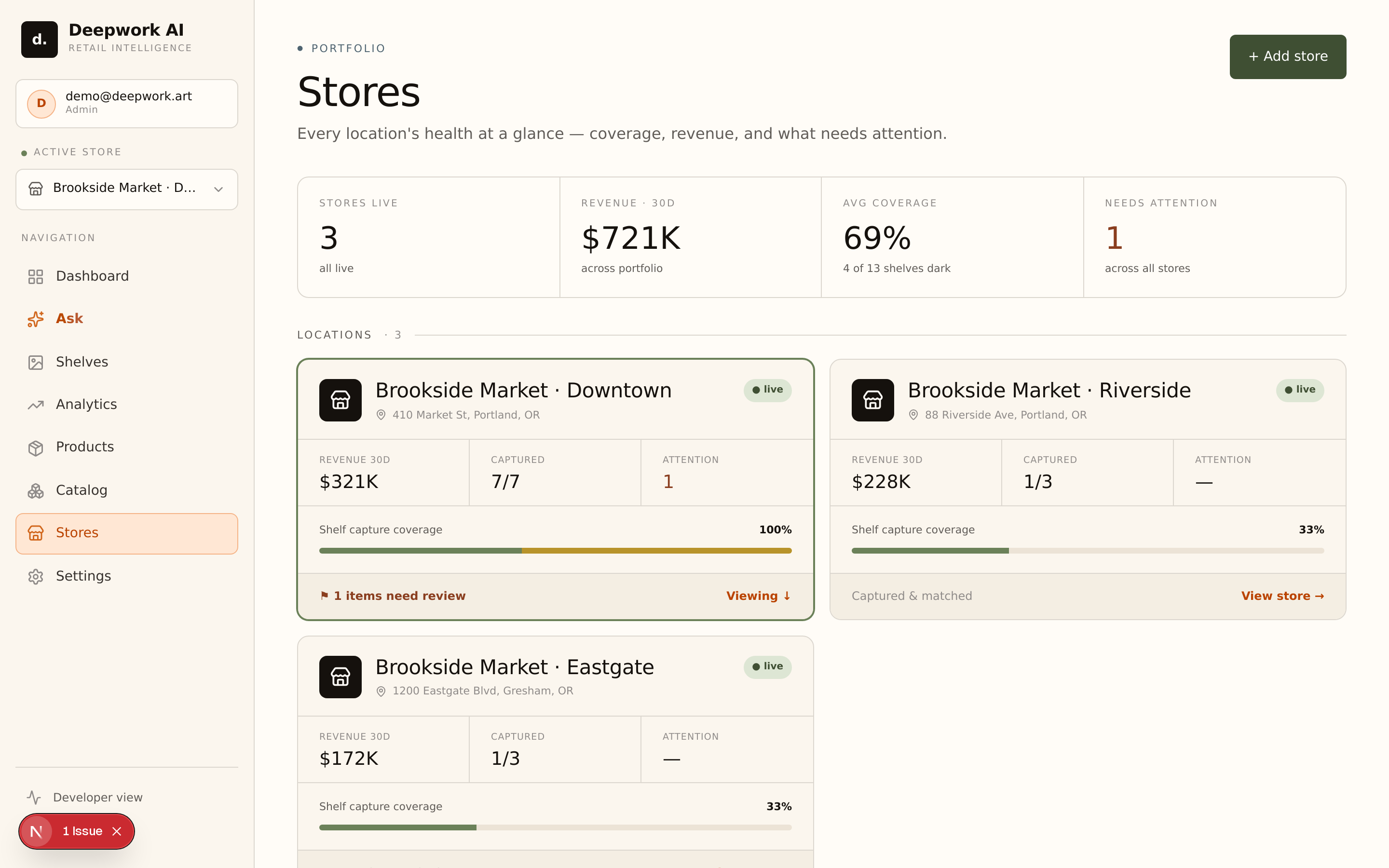 Every store in one view — coverage, capture status, and revenue, side by side.